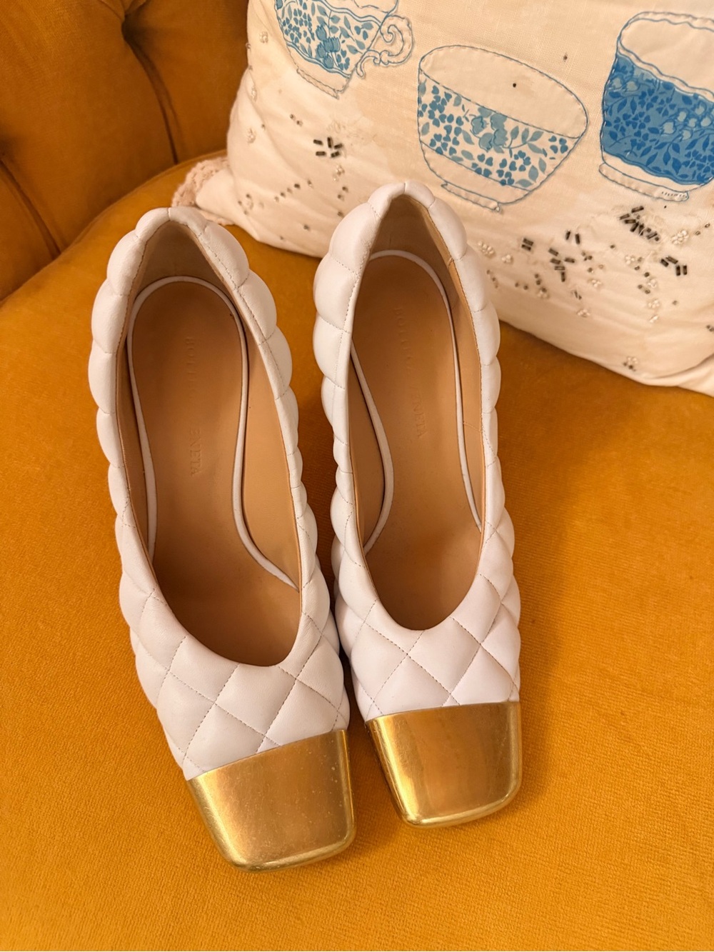 Bottega Veneta White Quilted Ballet Flats with Gold Cap Toe